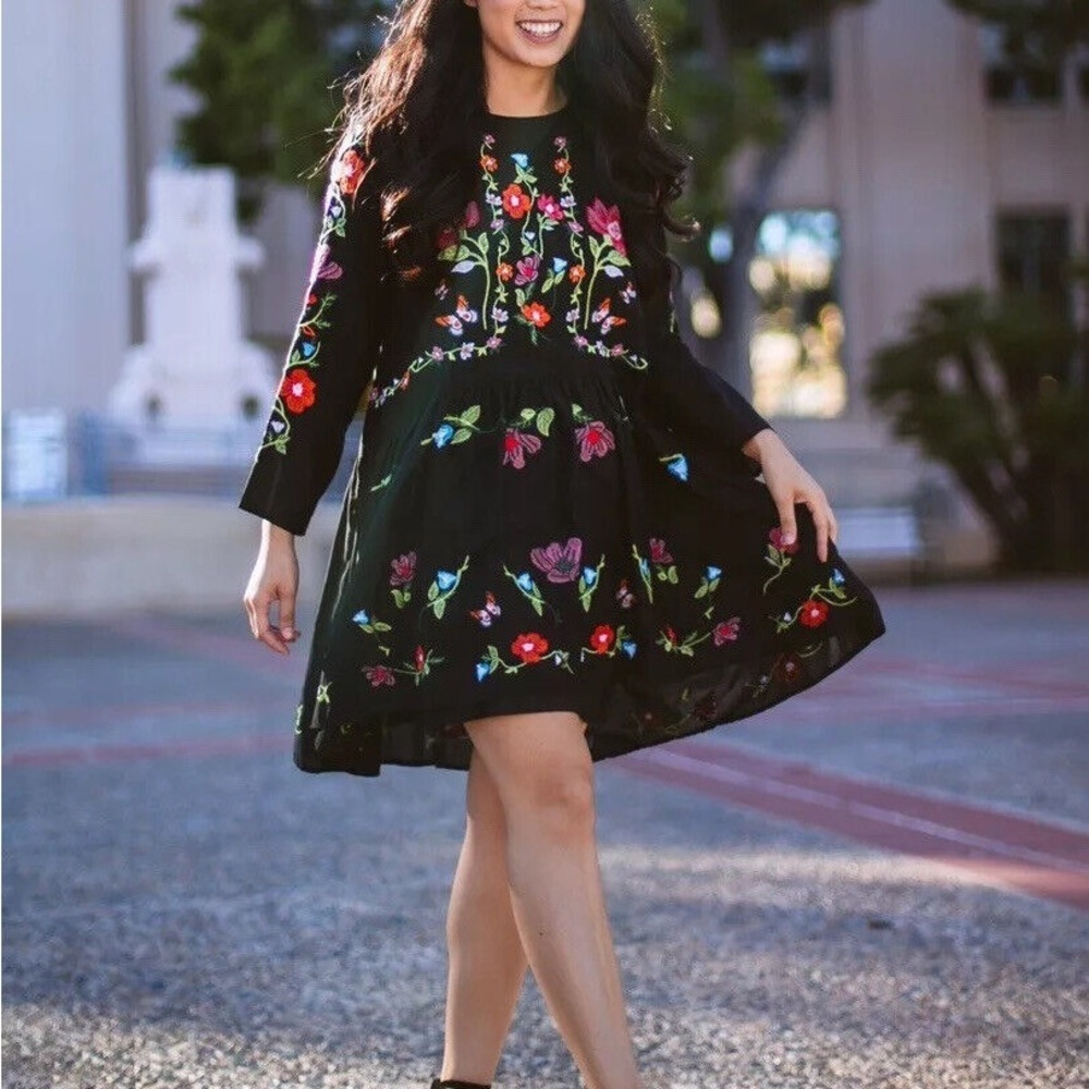 Zara Black Swing Dress with Orange and Green Embroidery XS